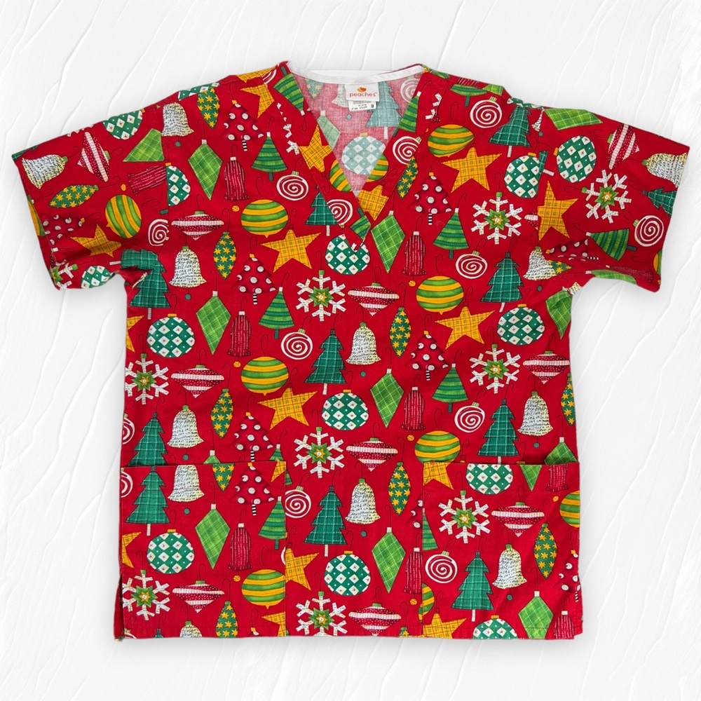 Peaches Holiday Christmas Ornament Scrub Top Approx Size Large (bust approx 42")